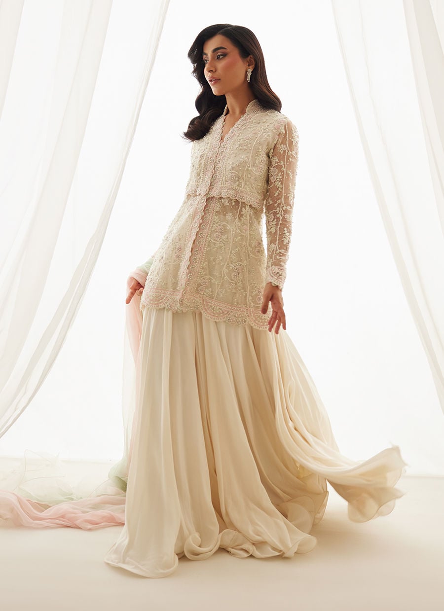 Zariah Ivory Peplum, Lehenga And Dupatta