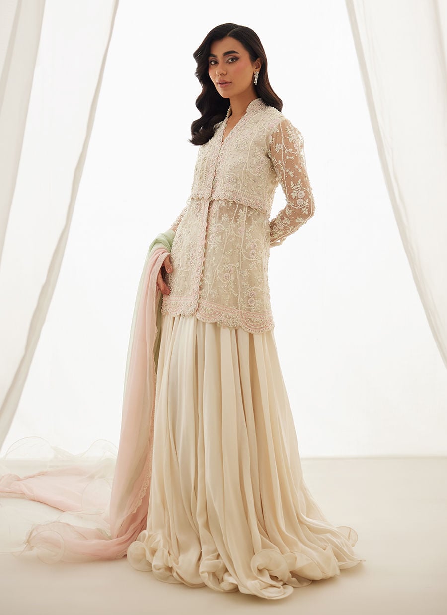 Zariah Ivory Peplum, Lehenga And Dupatta