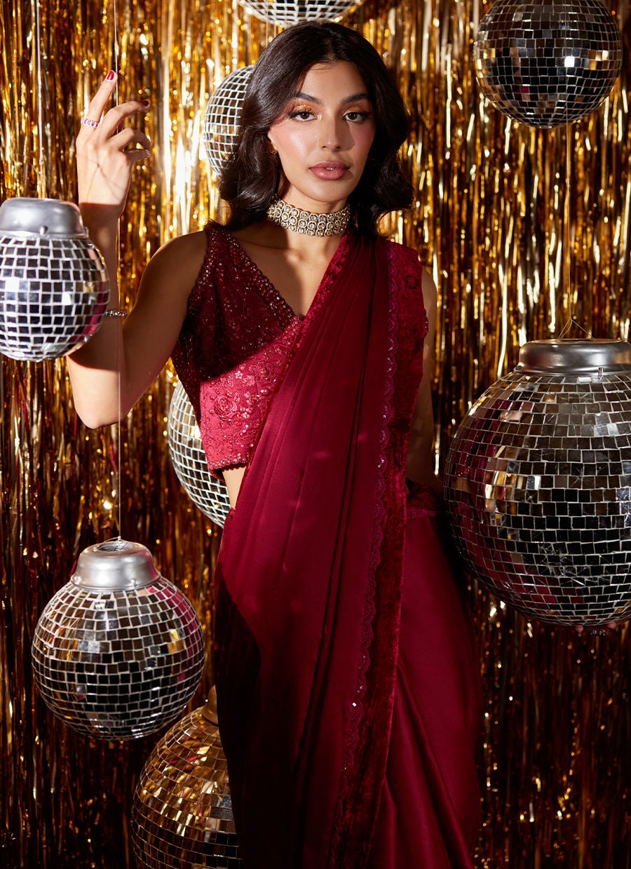 Carmine Charmeuse Saree And Velvet Blouse
