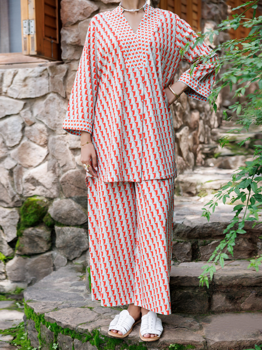 Red Cotton Co-Ord Set - AWP-2PS-SLKS-1057