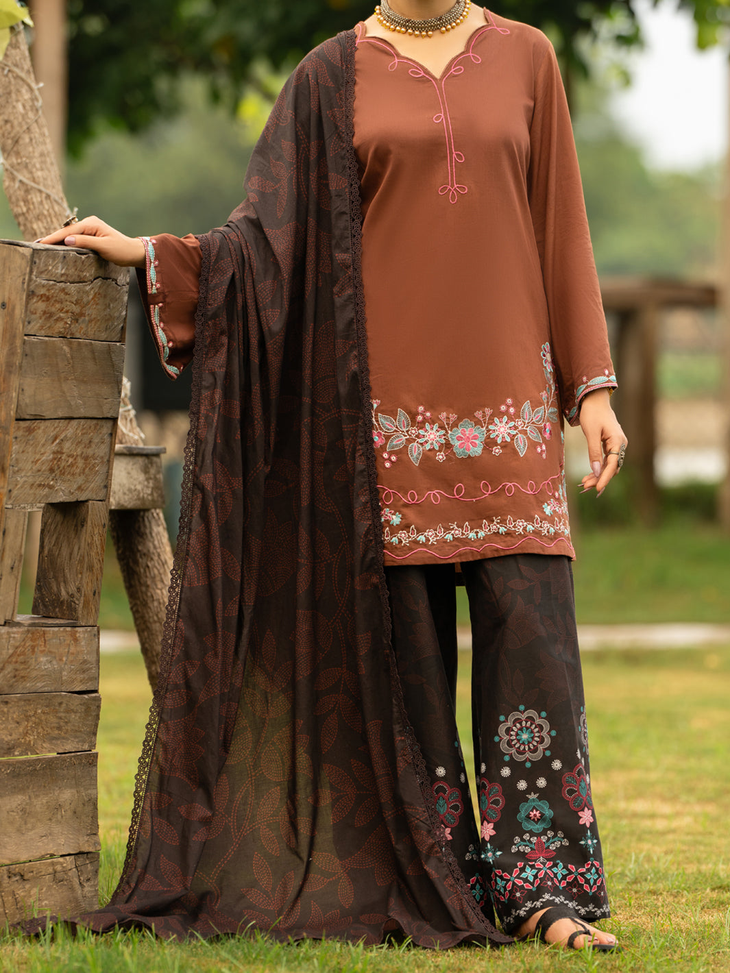 Brown Cotton Lawn 3Pc Stitched - AWP-3PS-954