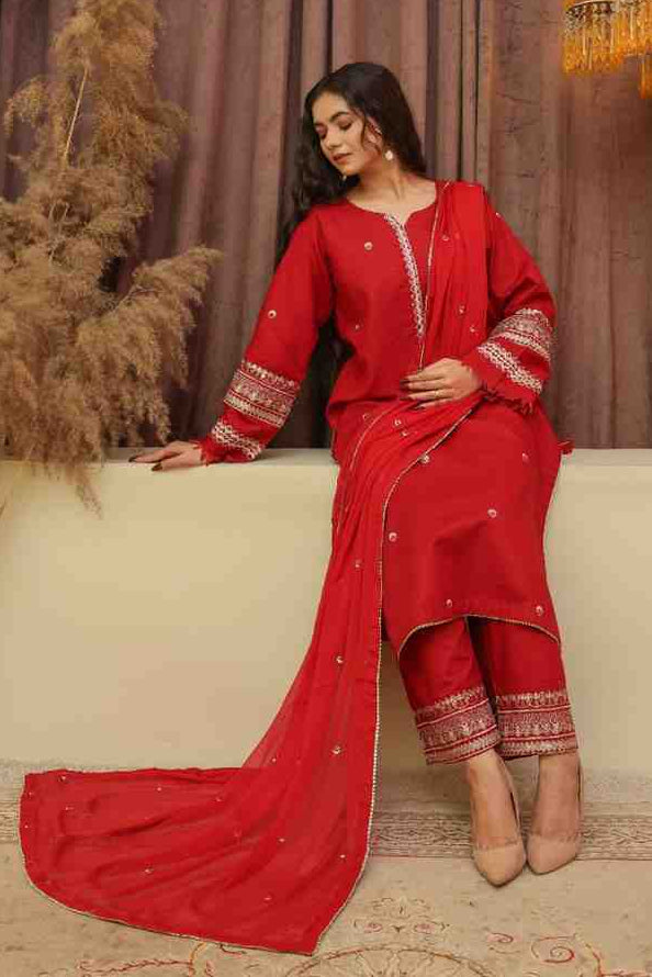 Red Noir 3 piece stitched Khaddar dress for women