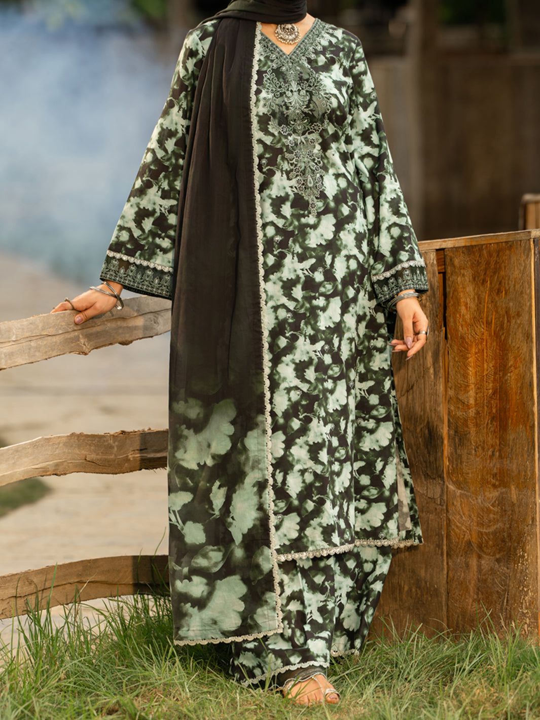 Green Cotton Cambric 3Pc Stitched - AWP-3PS-938