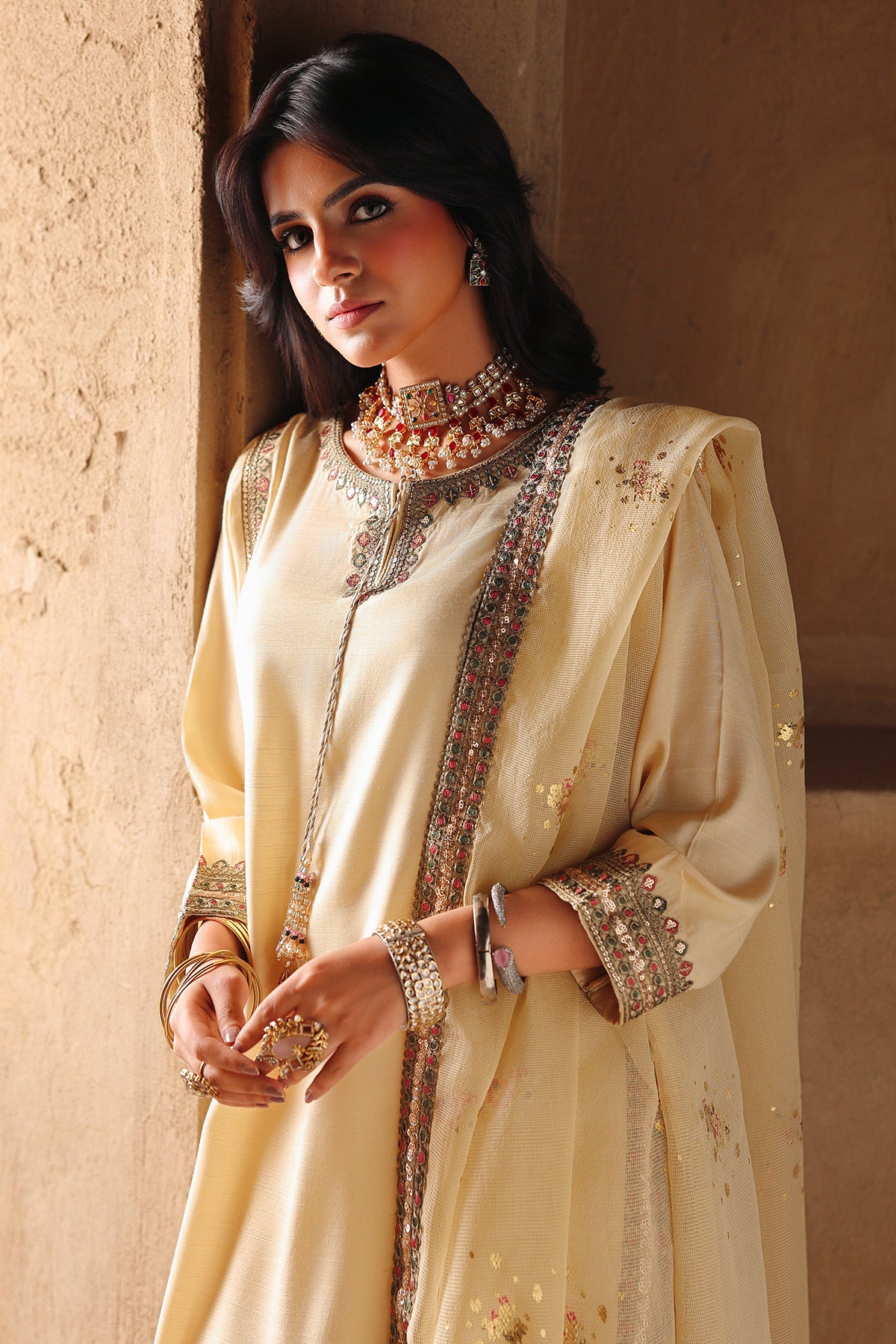 3 Pcs Embroidered Raw Silk CMA-6-466