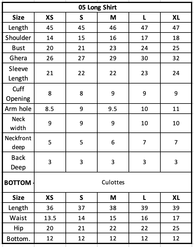 Size Chart (inches)