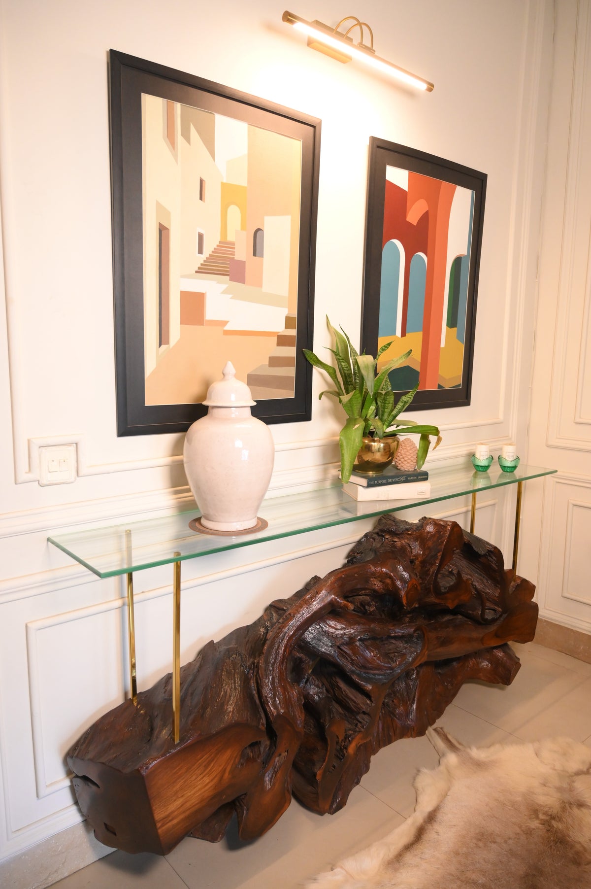 Sheesham live edge console with glass top