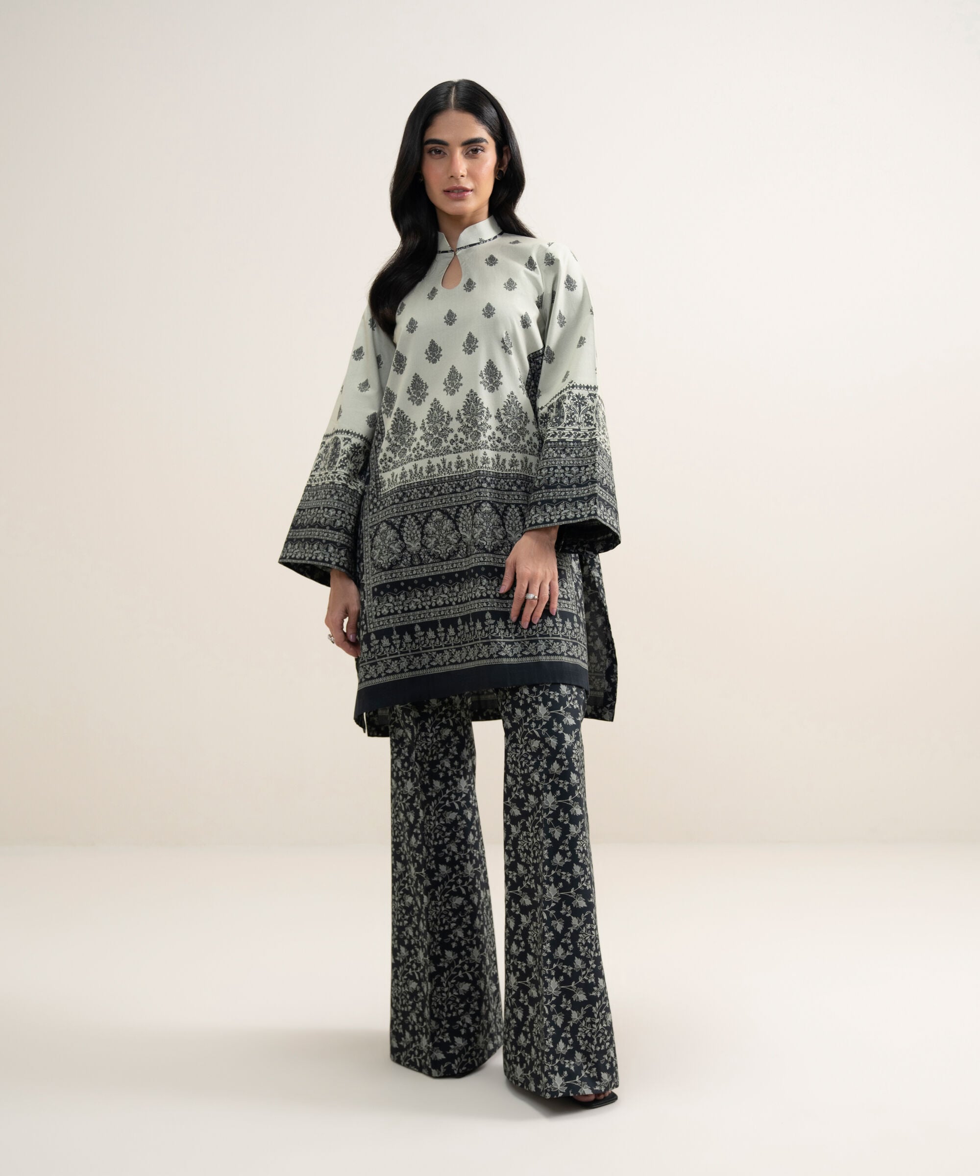 Women's Unstitched Lawn Printed Black and Off White 2 Piece Suit