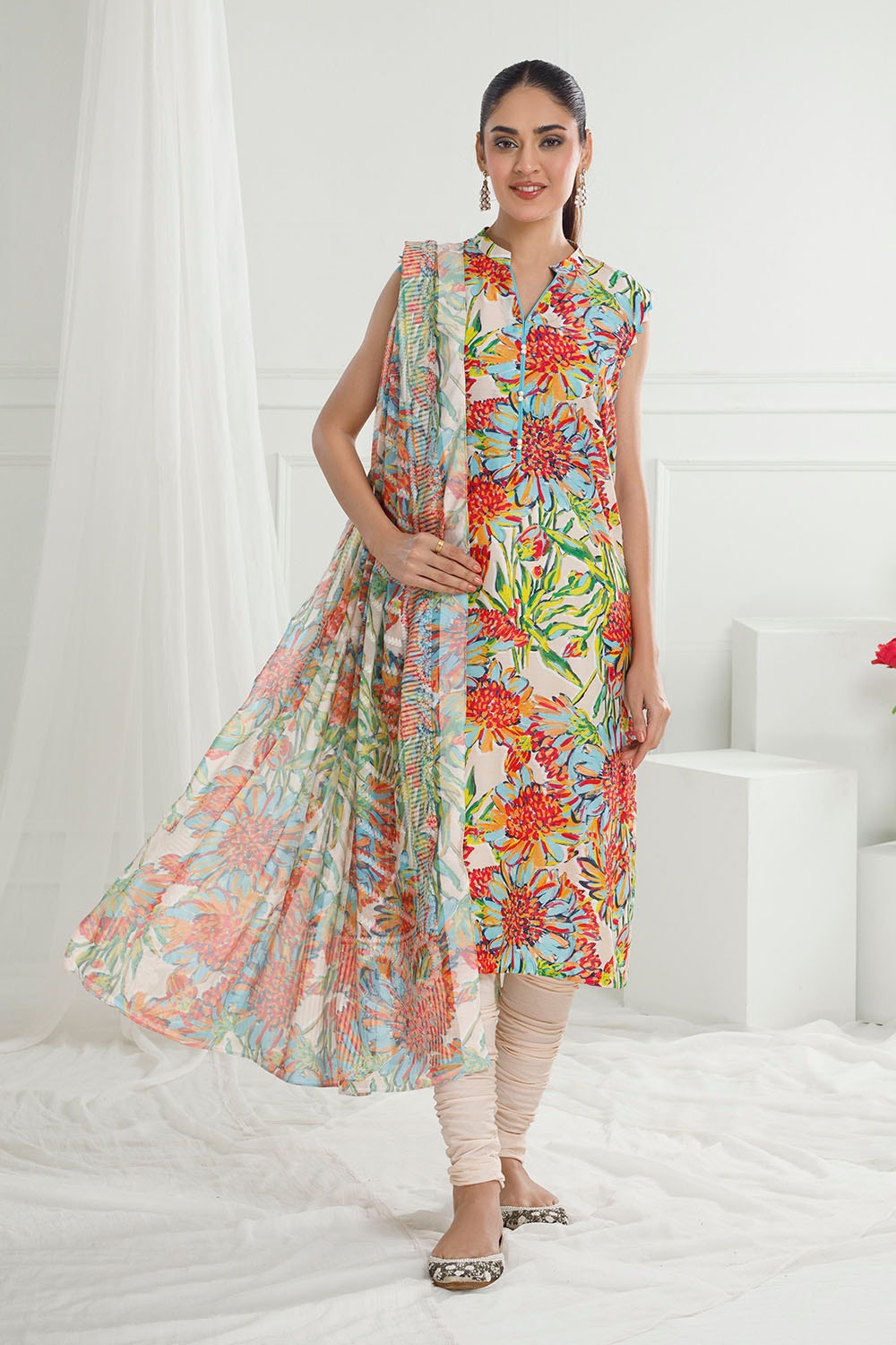 3 Piece Unstitched Printed Pure Bamboo Silk Suit with Printed Silk Dupatta