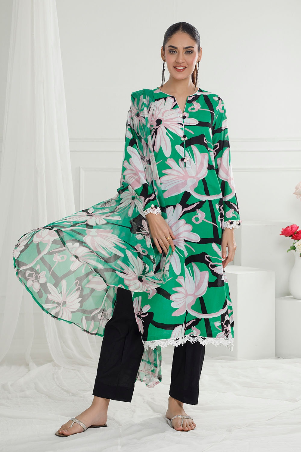 3 Piece Unstitched Printed Lawn Suit with Printed Pure Silk Chiffon Dupatta