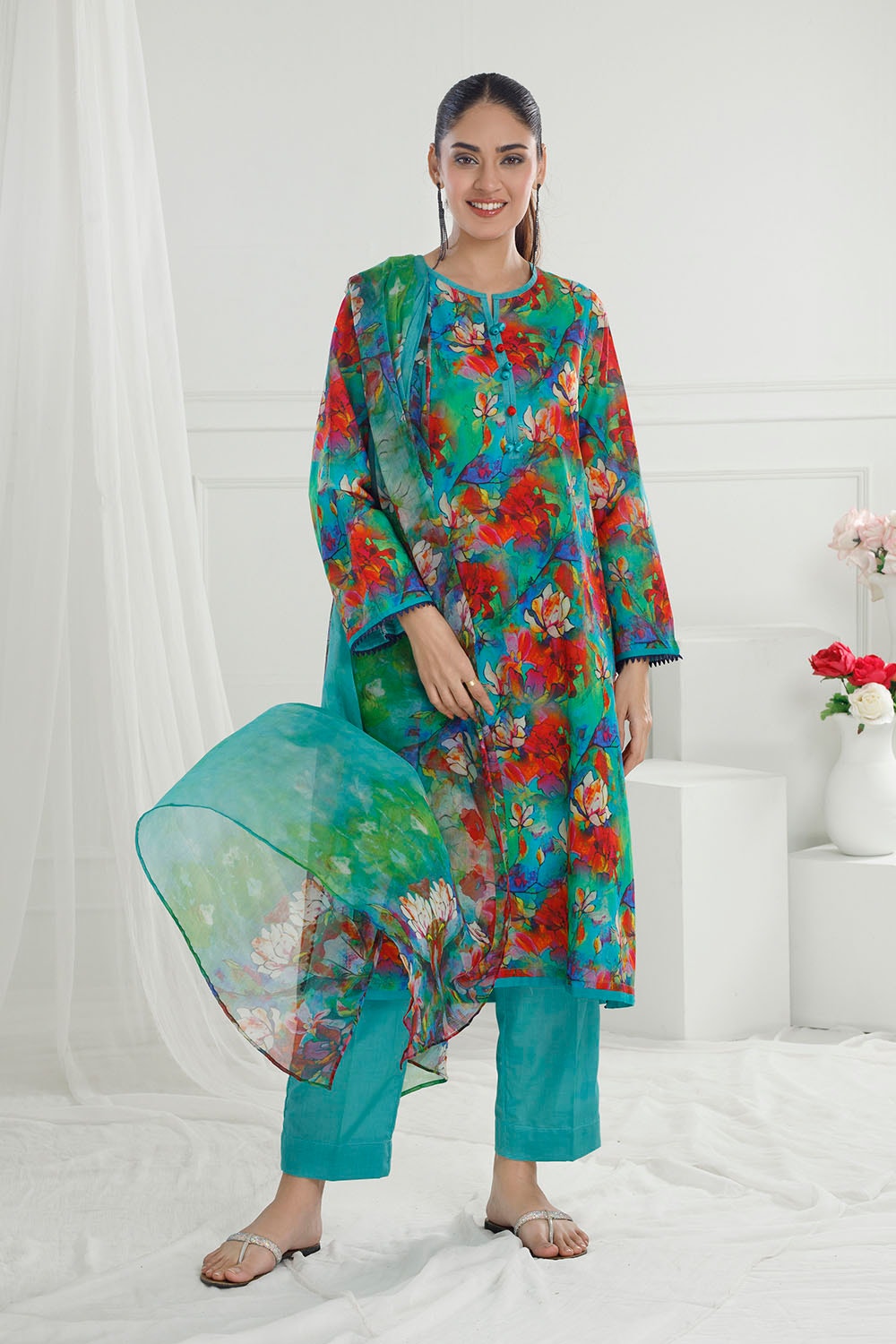 3 Piece Unstitched Printed Lawn Suit with Printed Pure Silk Chiffon Dupatta