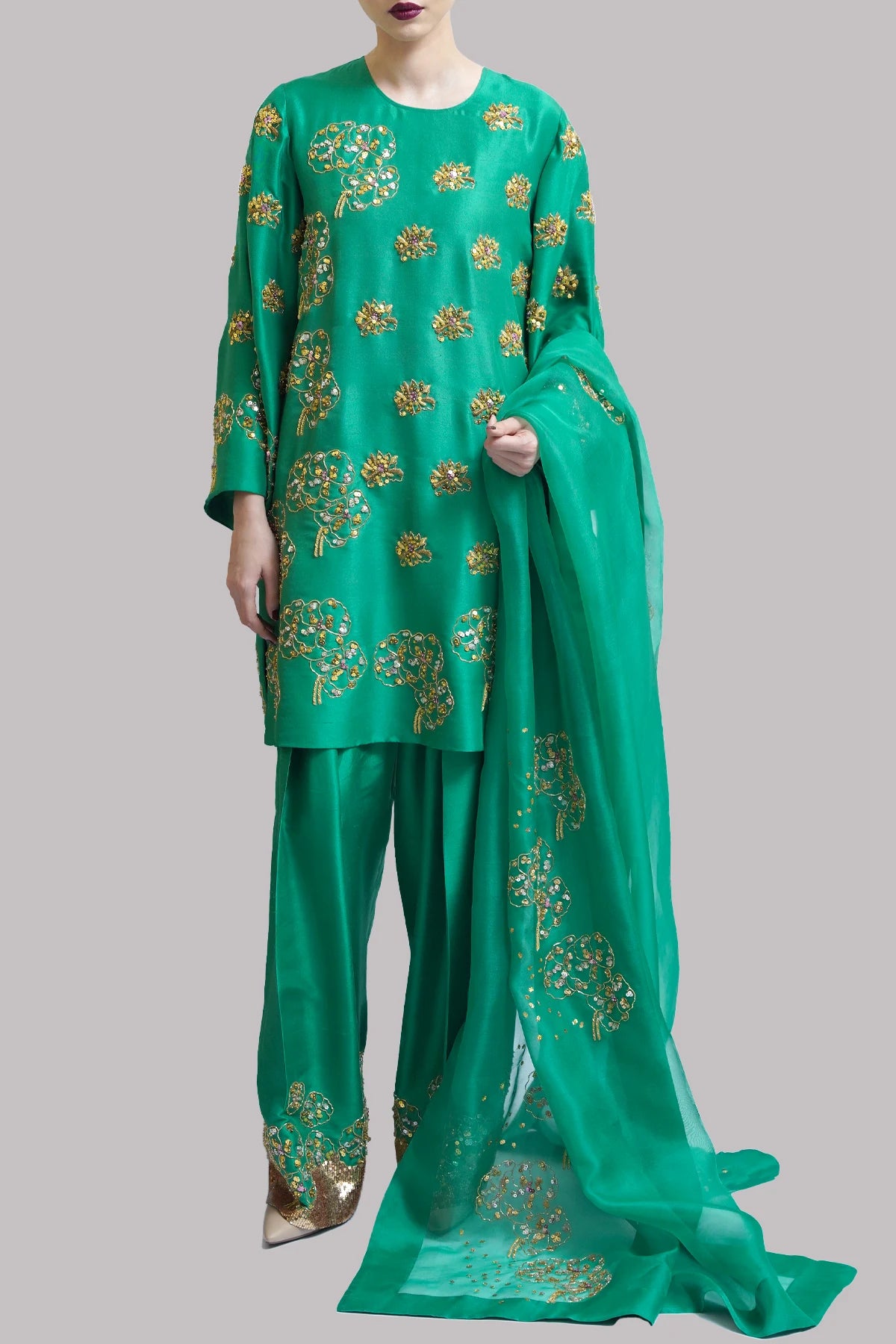 Zip Green Embellished Raw Silk Set