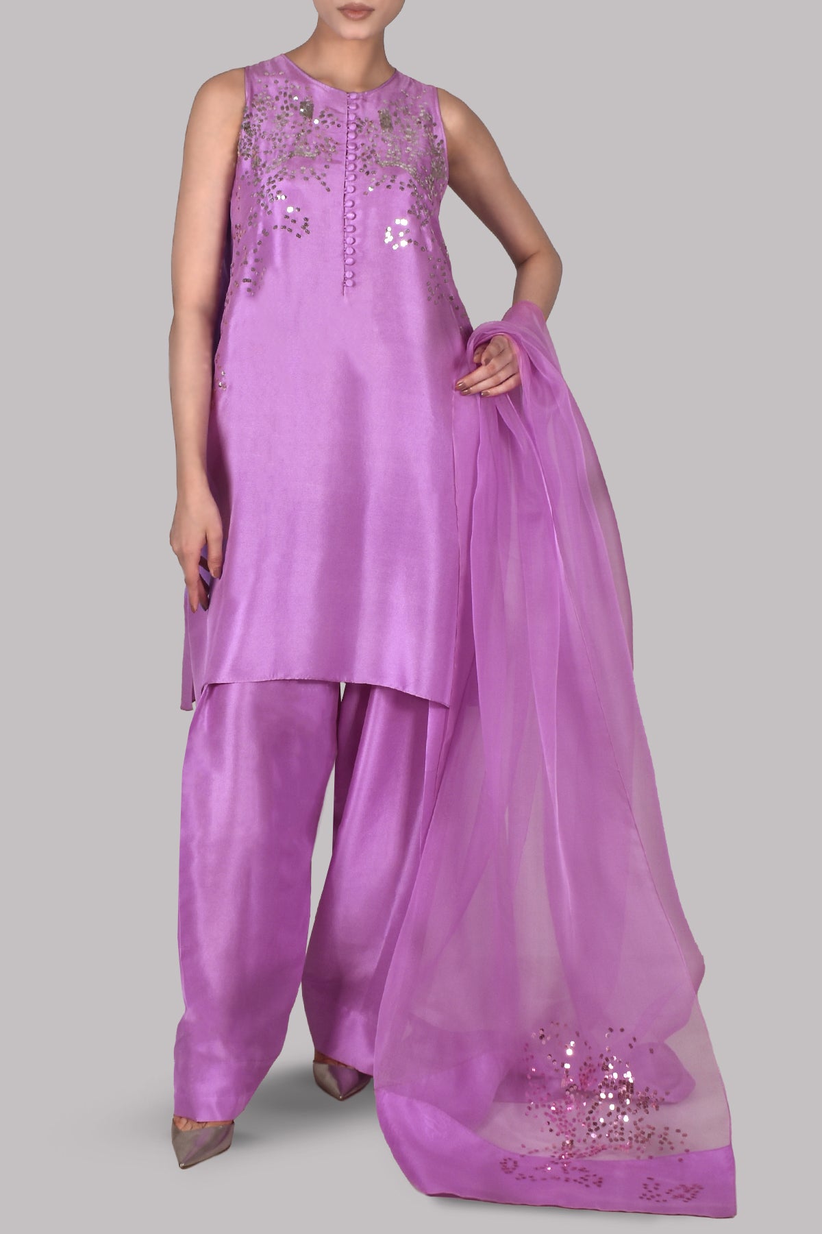 African Violet Embellished Raw Silk Set