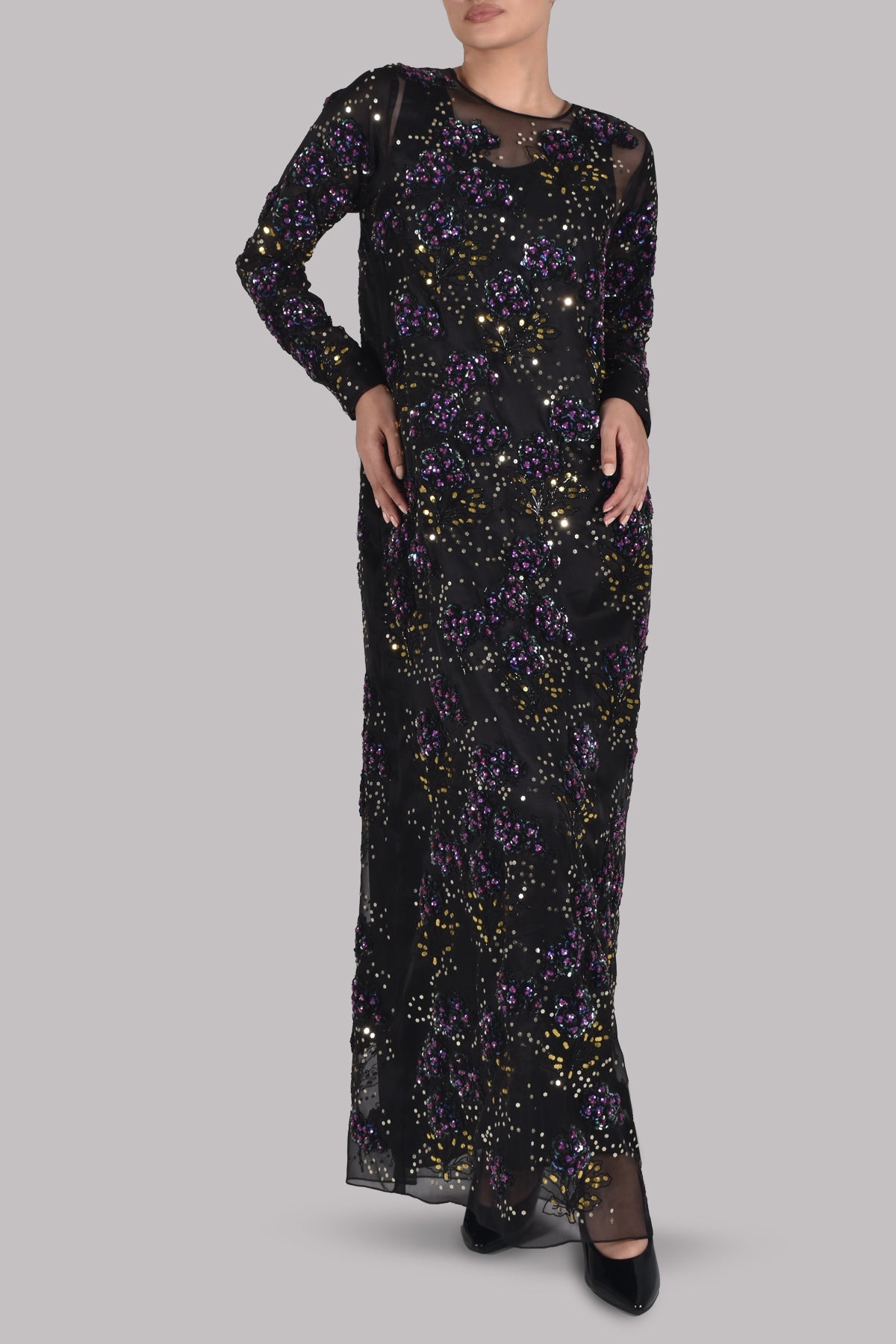 Black Embellished Italian Organza Maxi