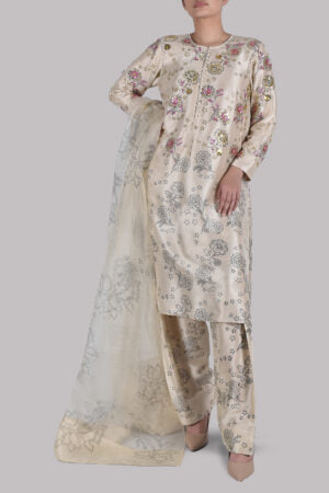 Lamb’s Wool Block Printed and Embellished Raw Silk Set