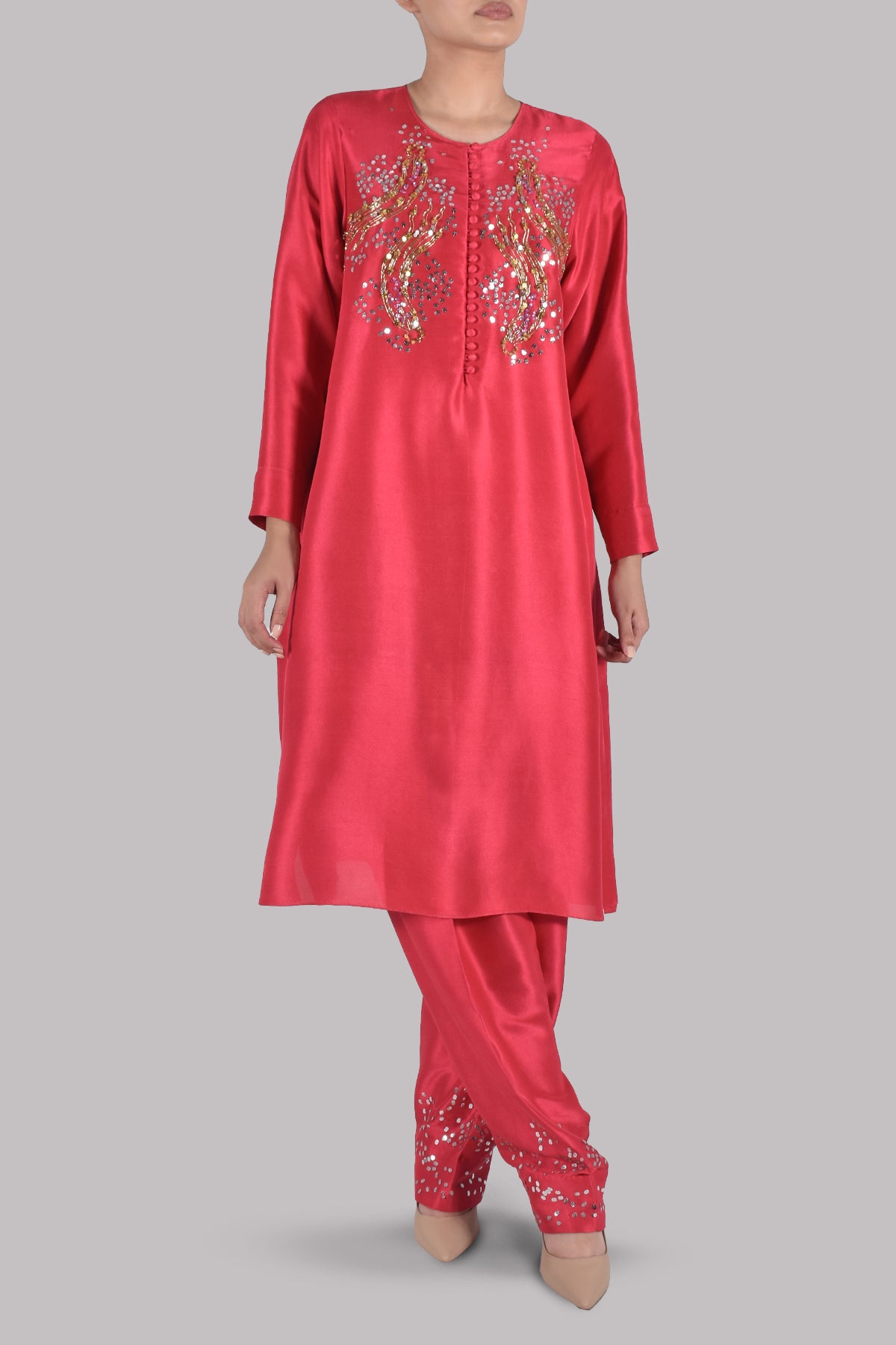 Bittersweet Red Embellished Raw Silk Set