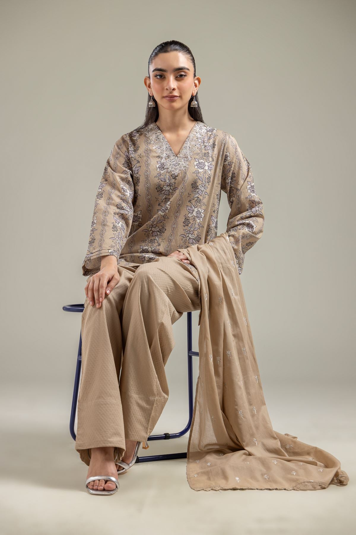 Beige V-Neck Kurta