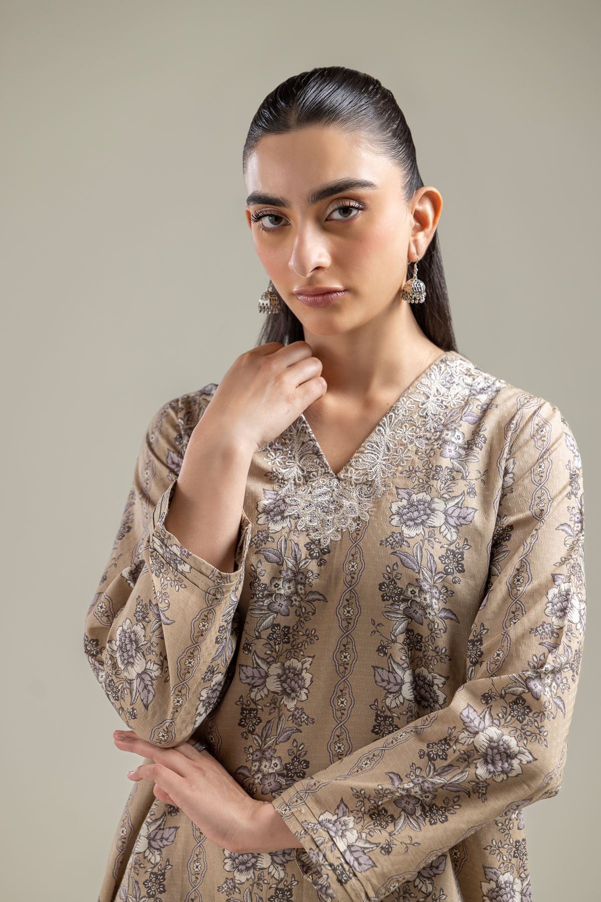Beige V-Neck Kurta