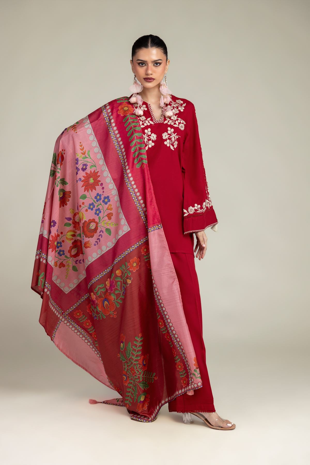 Red Floral Dupatta