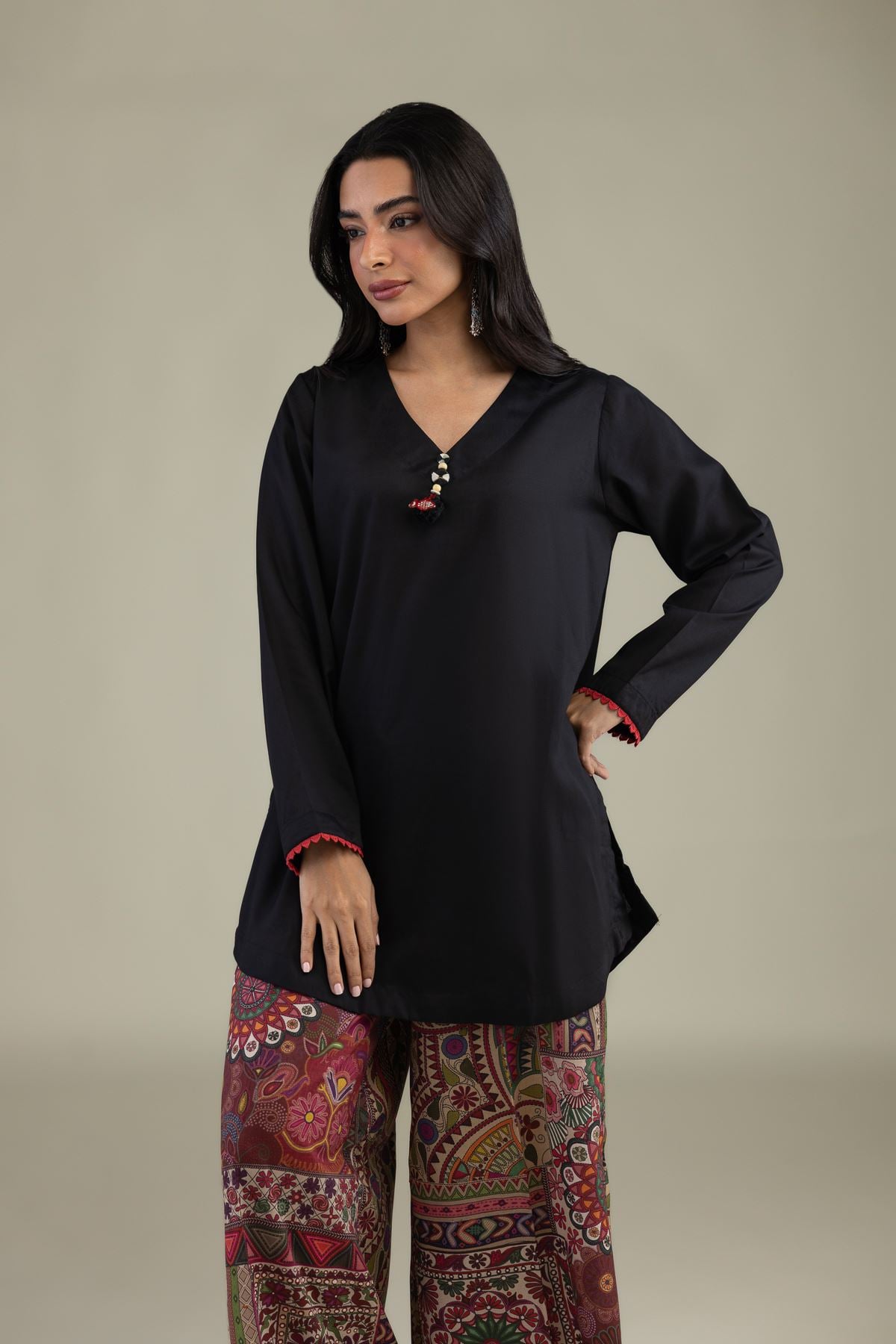 Black V-Neck Kurta