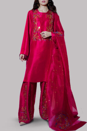 Crimson Embellished Raw Silk Set
