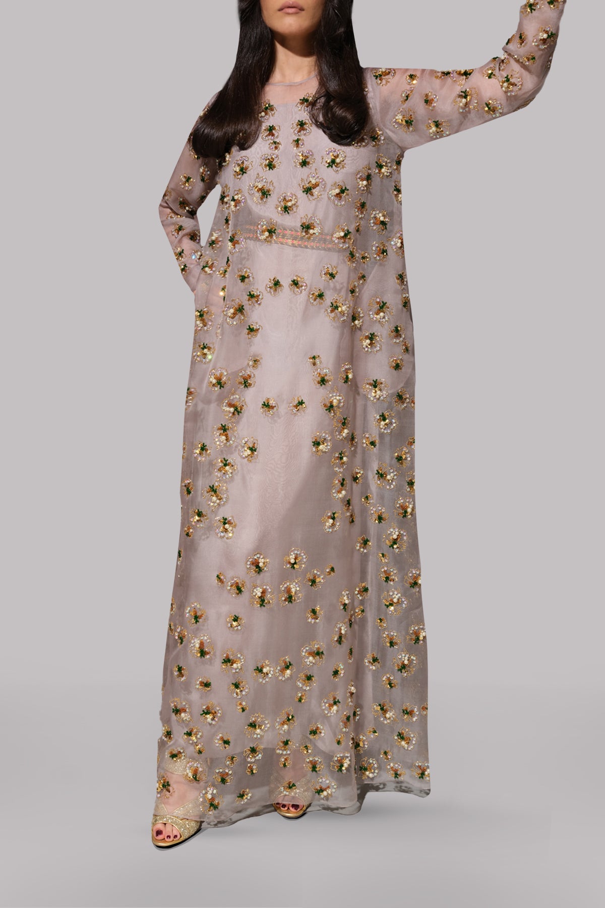Silver Grey Embellished Organza Maxi Dress