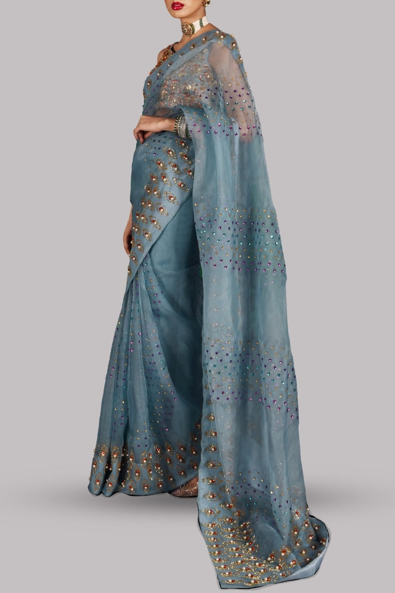 Aqua Embellished Organza Sari