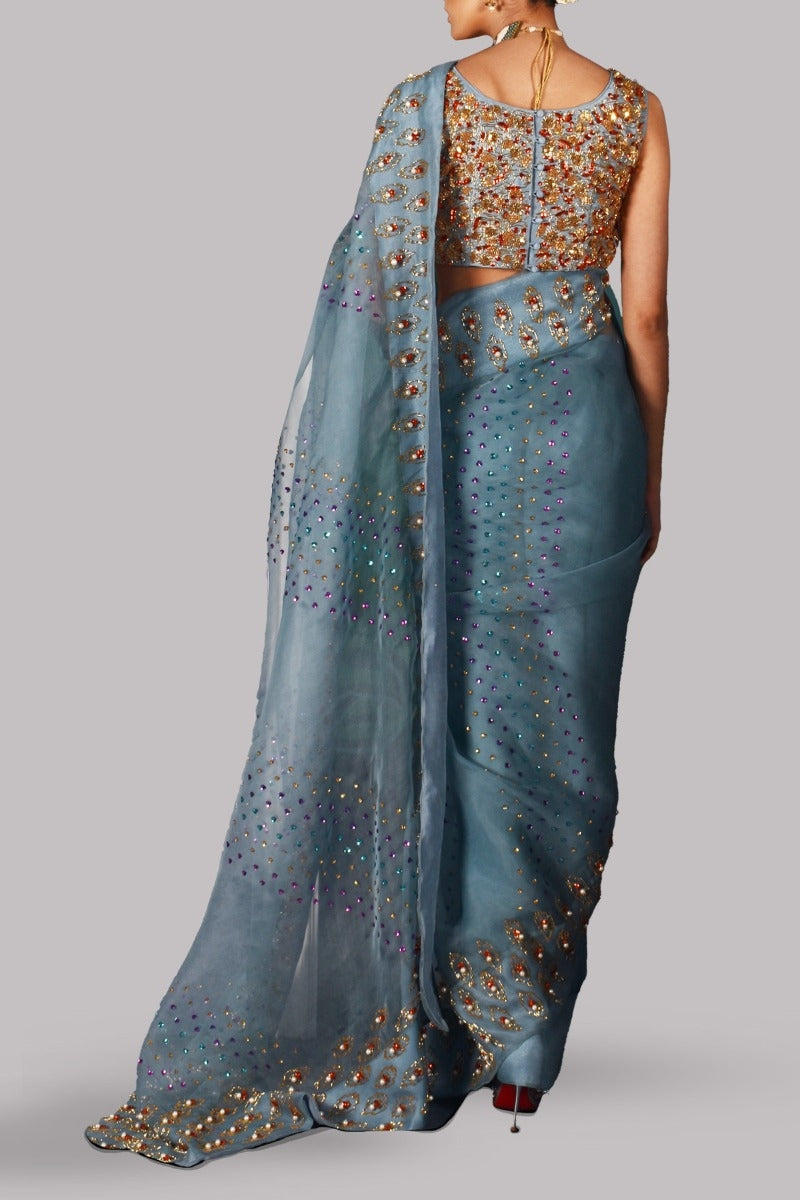 Aqua Embellished Organza Sari