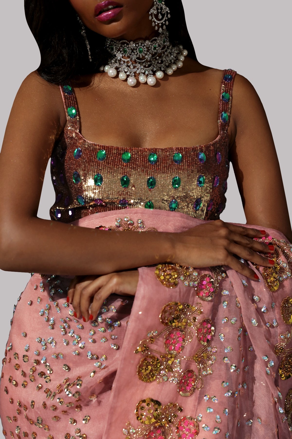 Dusty Pink Embellished Organza Sari
