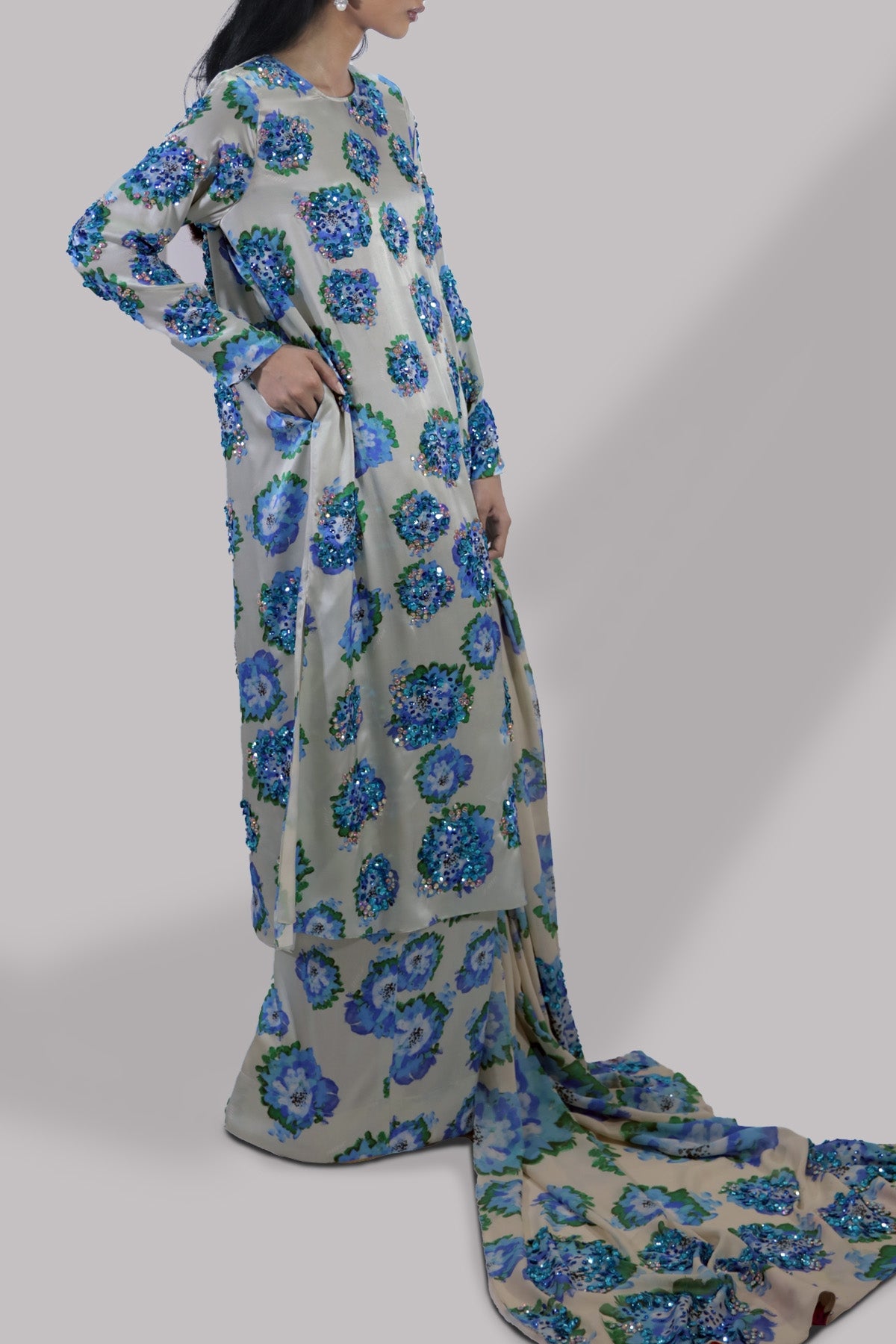 Jadeite & Blue Digital Print Satin Silk Set