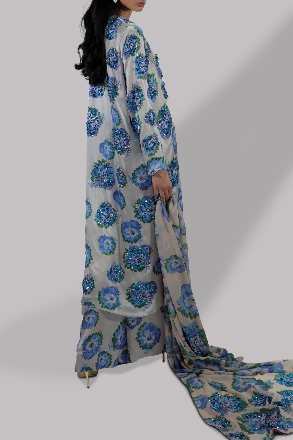 Jadeite & Blue Digital Print Satin Silk Set