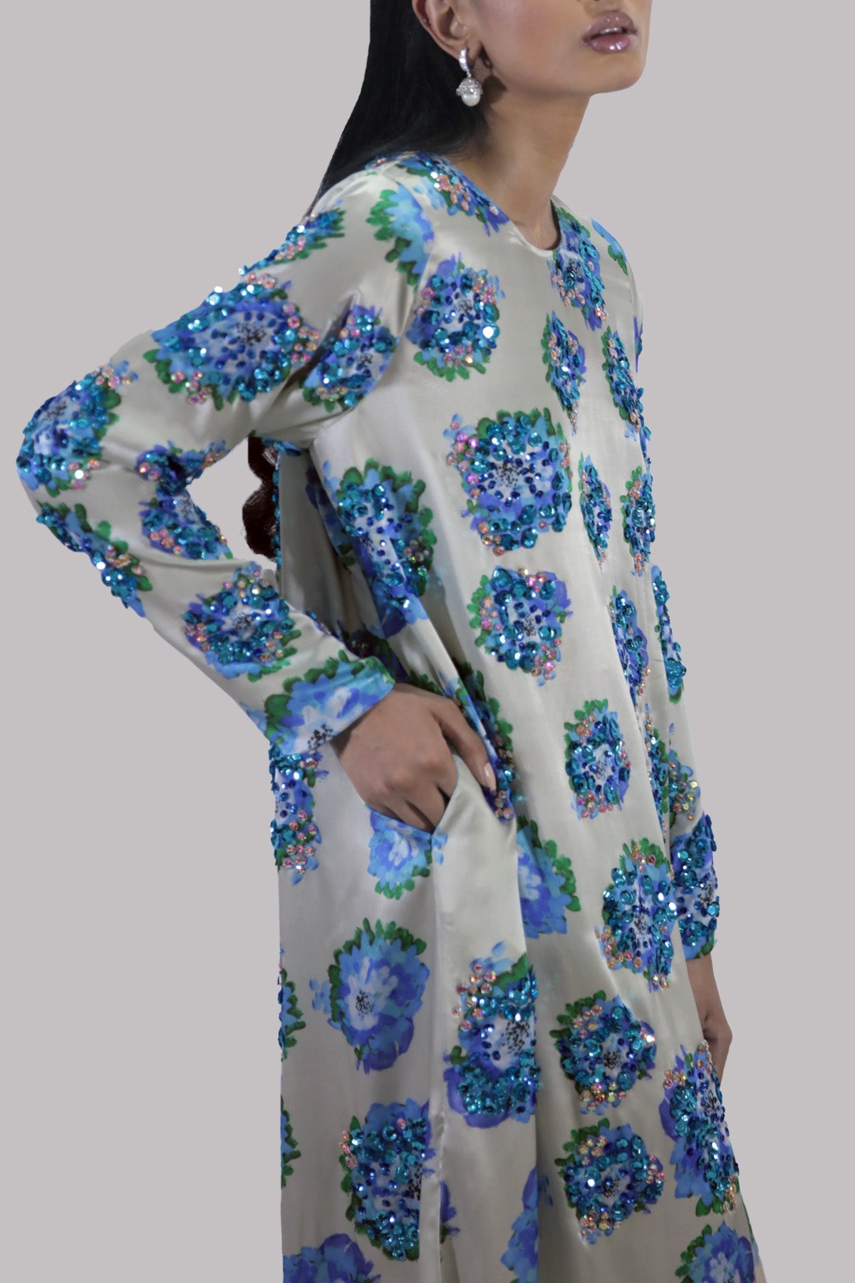 Jadeite & Blue Digital Print Satin Silk Set