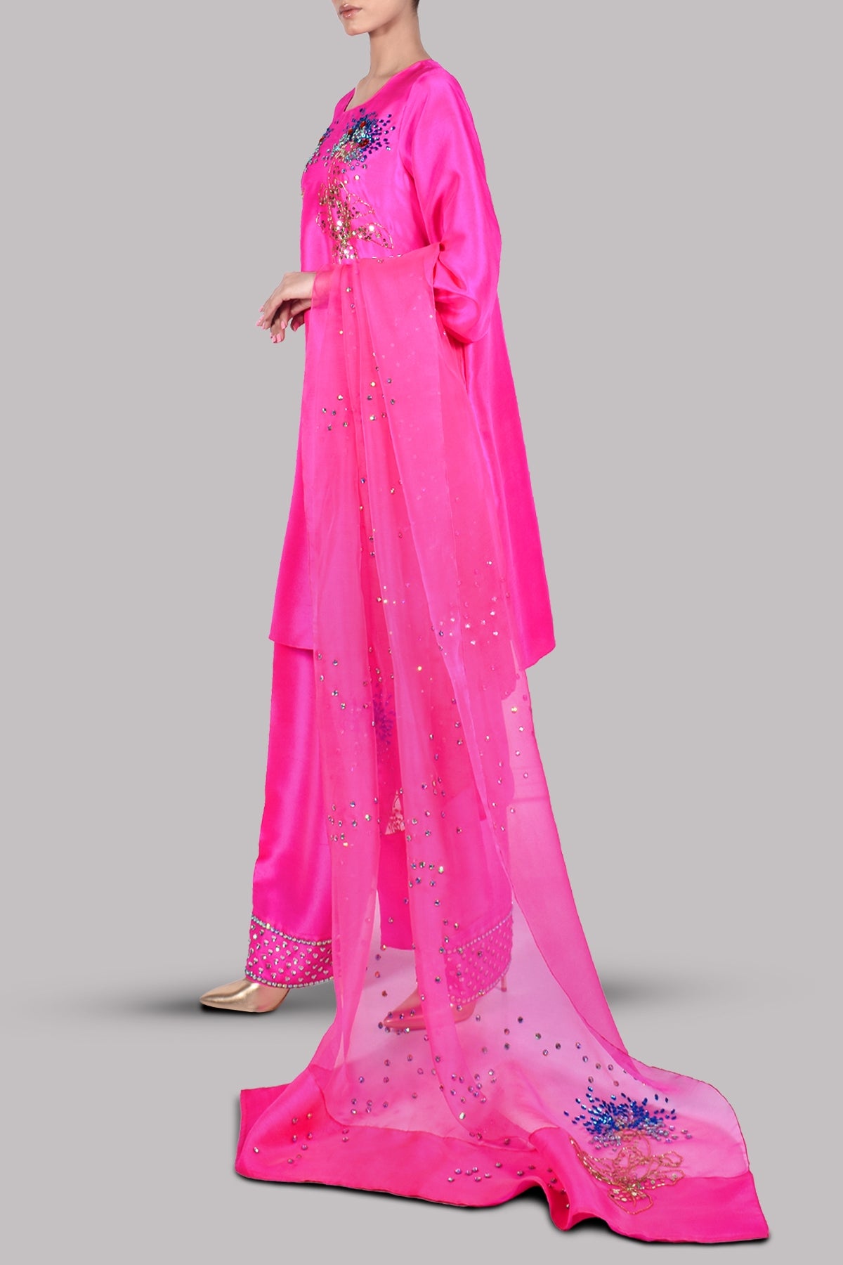 Diva Pink Embellished Raw Silk Set