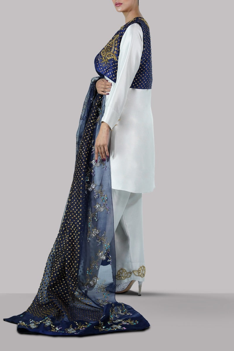 Black Iris Raw Silk Embellished Waistcoat Set