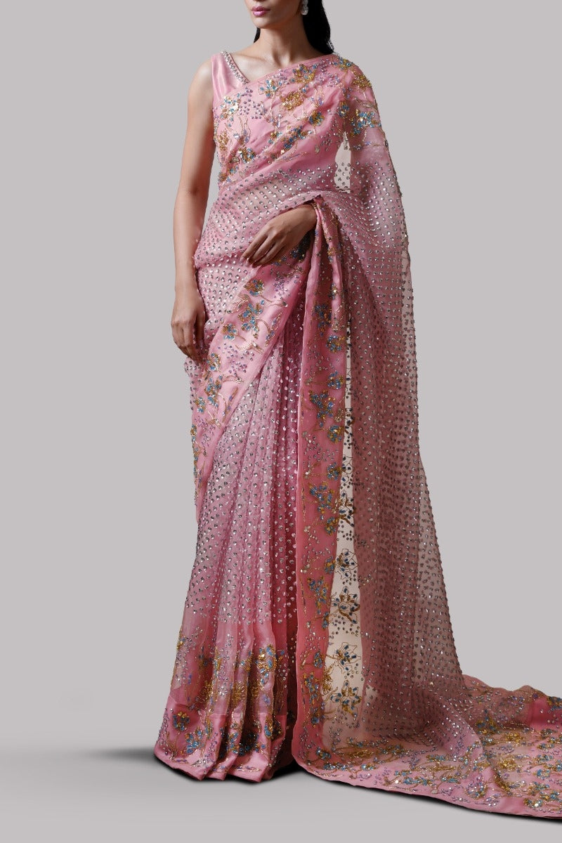 Sea Pink Embellished Organza Sari
