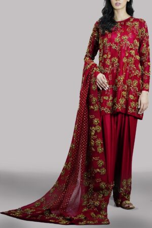 Red Bud Embellished Raw Silk Set