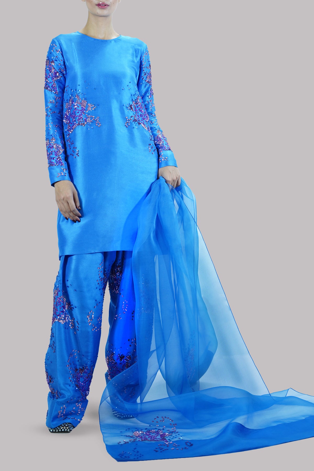 Indigo Bunting Embellished Raw Silk Set