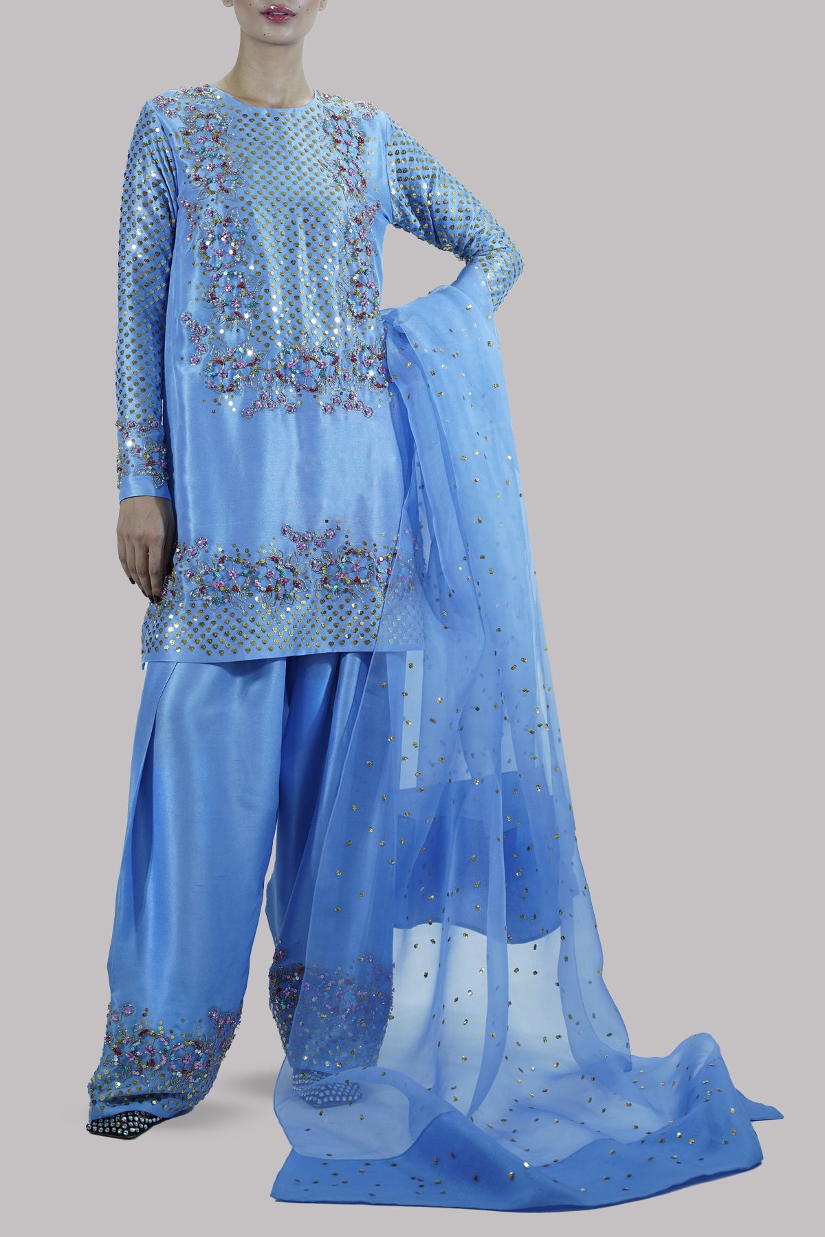 Cornflower Blue Embellished Raw Silk Set