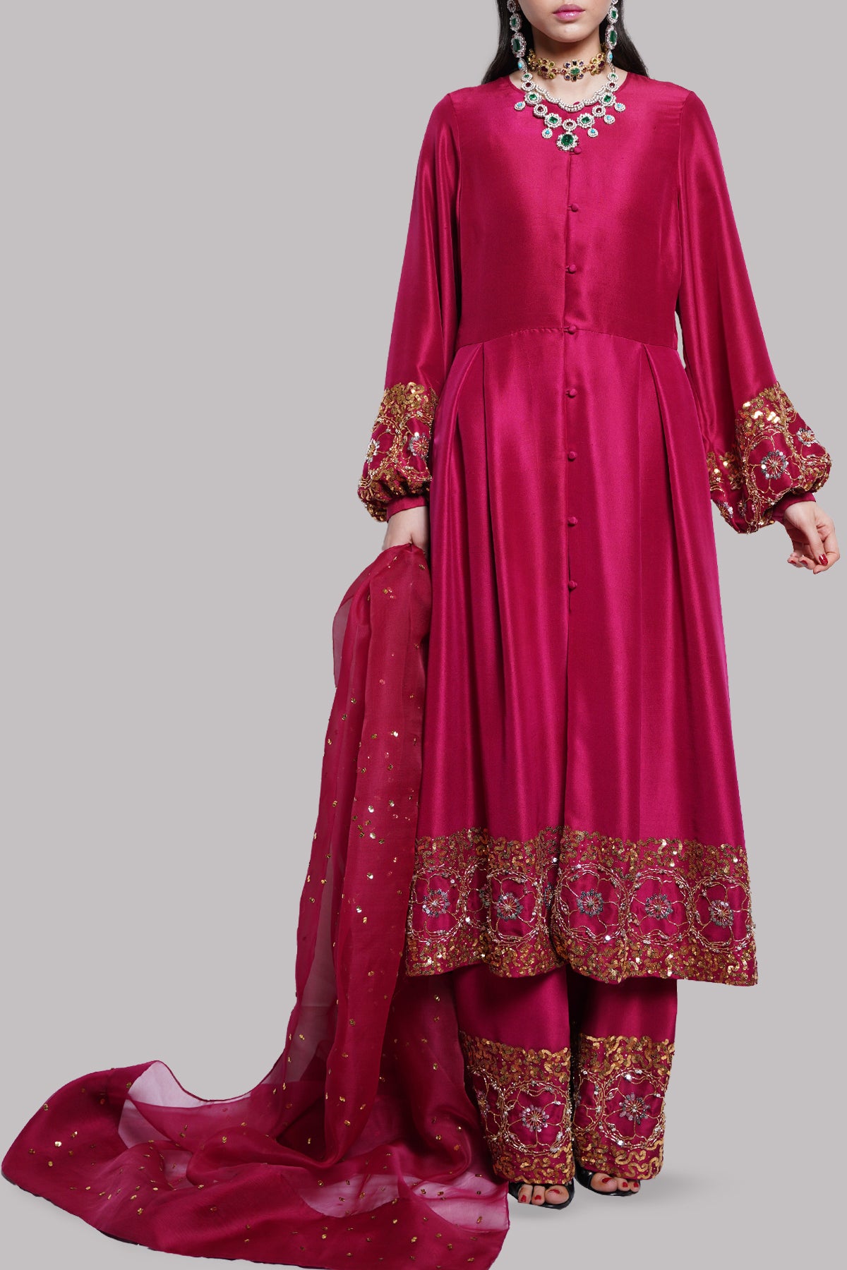 Tango Red Embellished Raw Silk Set
