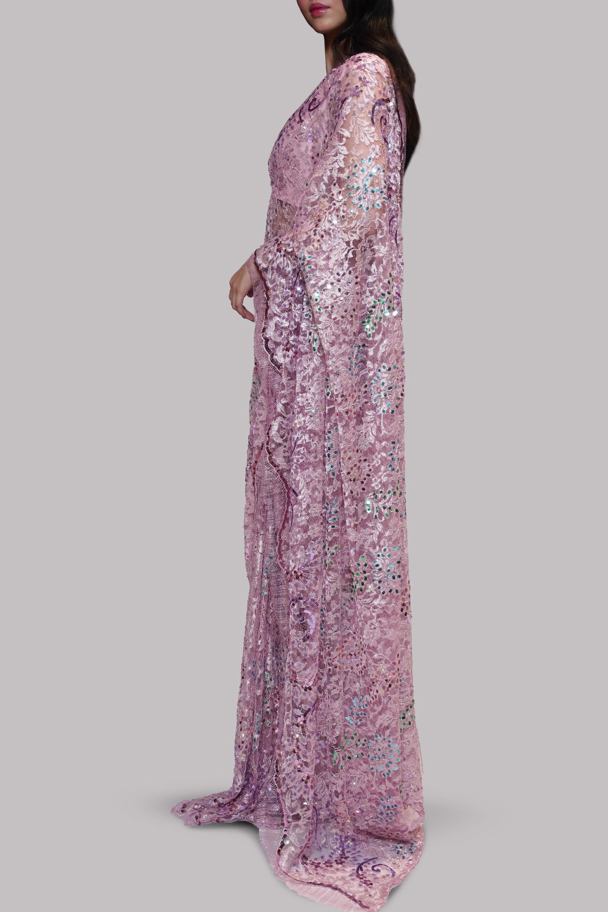 Lilac Sachet Embellished Chantilly Lace Sari