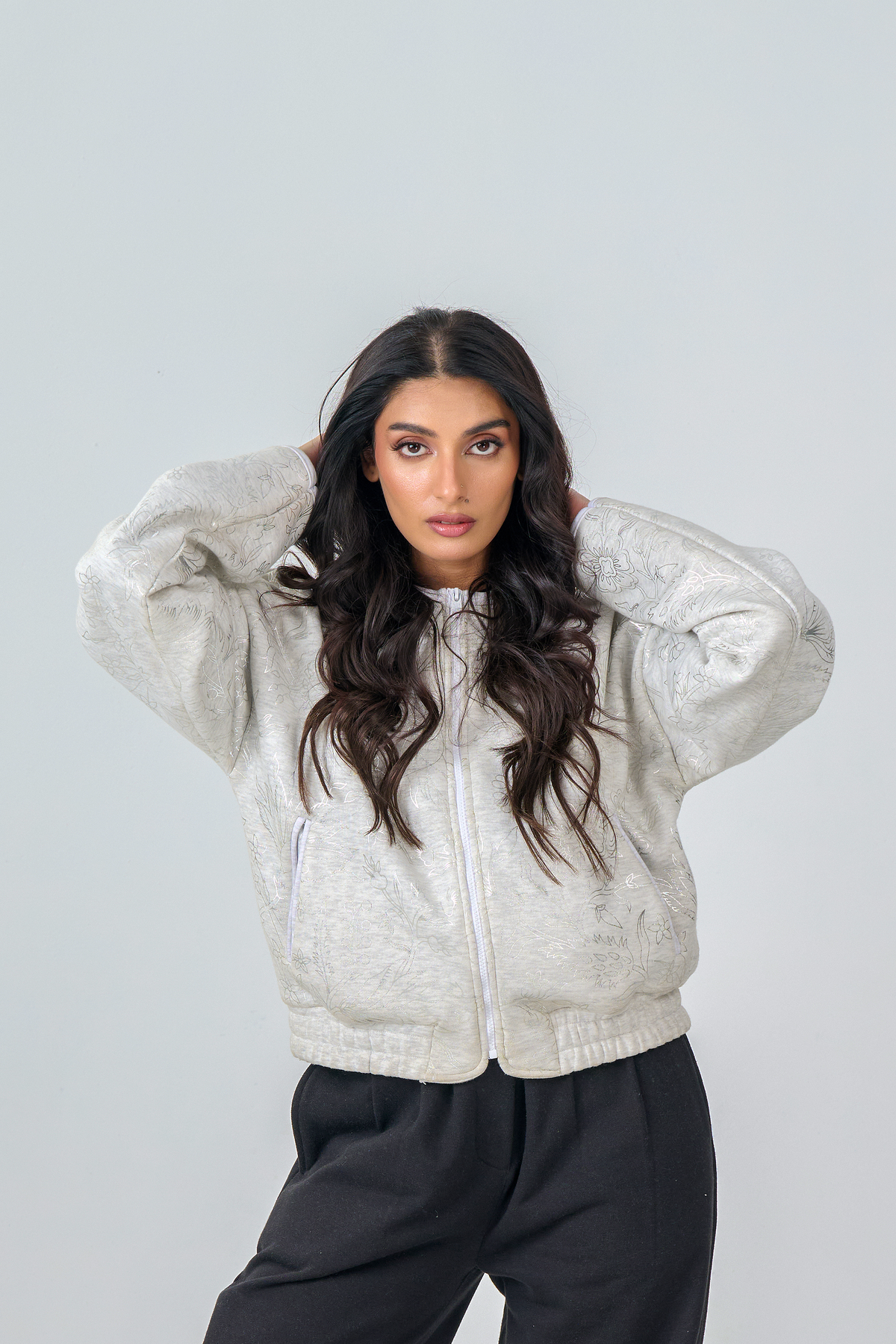 Cropped Zipper Jacket with Silver Foil Print (Heather Grey)