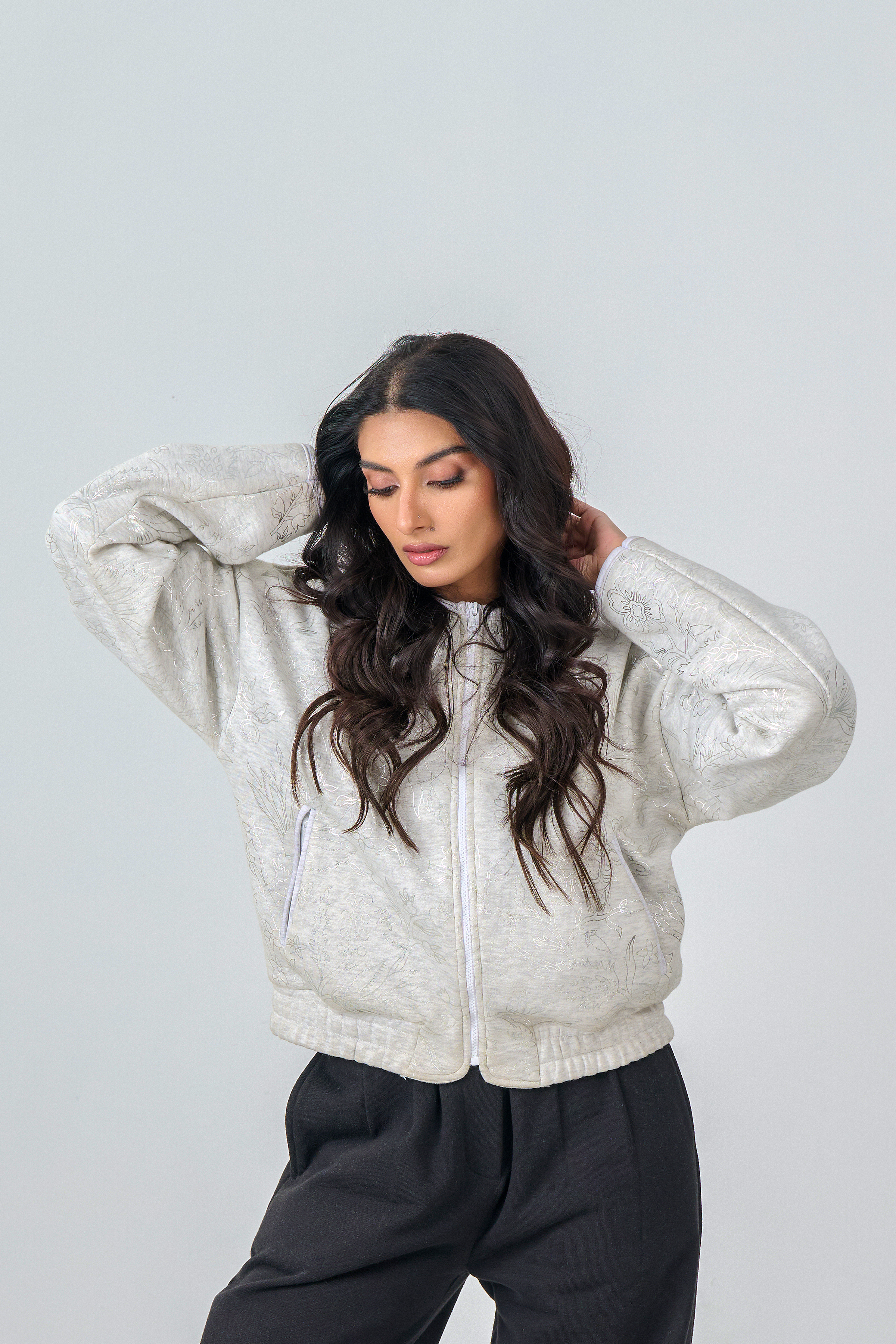 Cropped Zipper Jacket with Silver Foil Print (Heather Grey)
