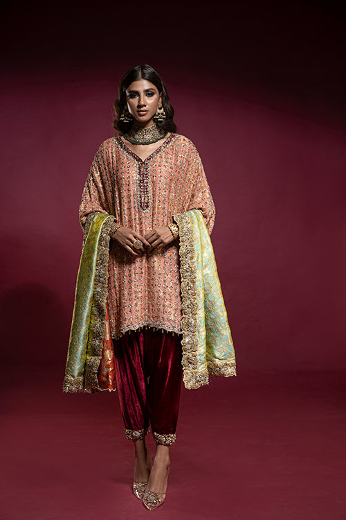 Peach Embellished Box Tunic with Red Velvet Shalwar and Double Sided Kamkhaab Chaadar
