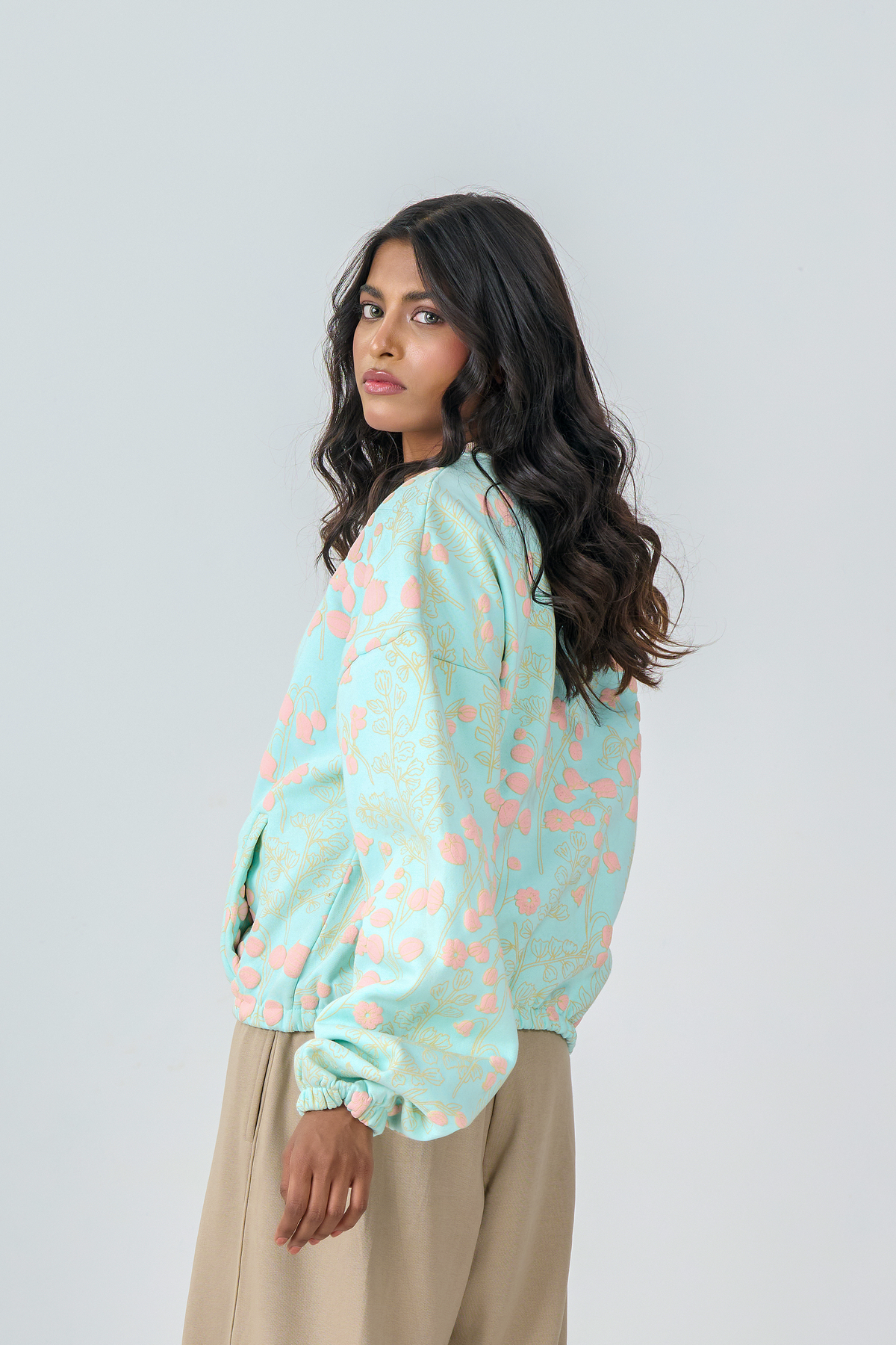 Cropped Zipper Jacket with Embossed Print (Mint Green)
