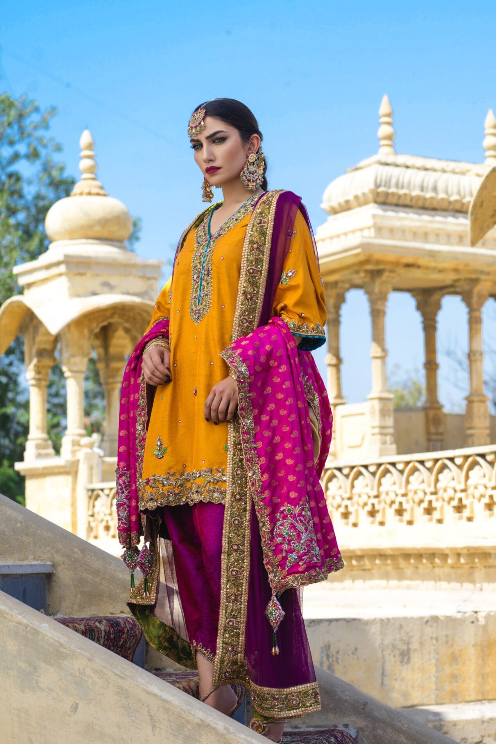Yellow Multi Resham Hand Embroidered Tunic with Fuchsia Shalwar and Net Duputta/Fuchsia Chadar