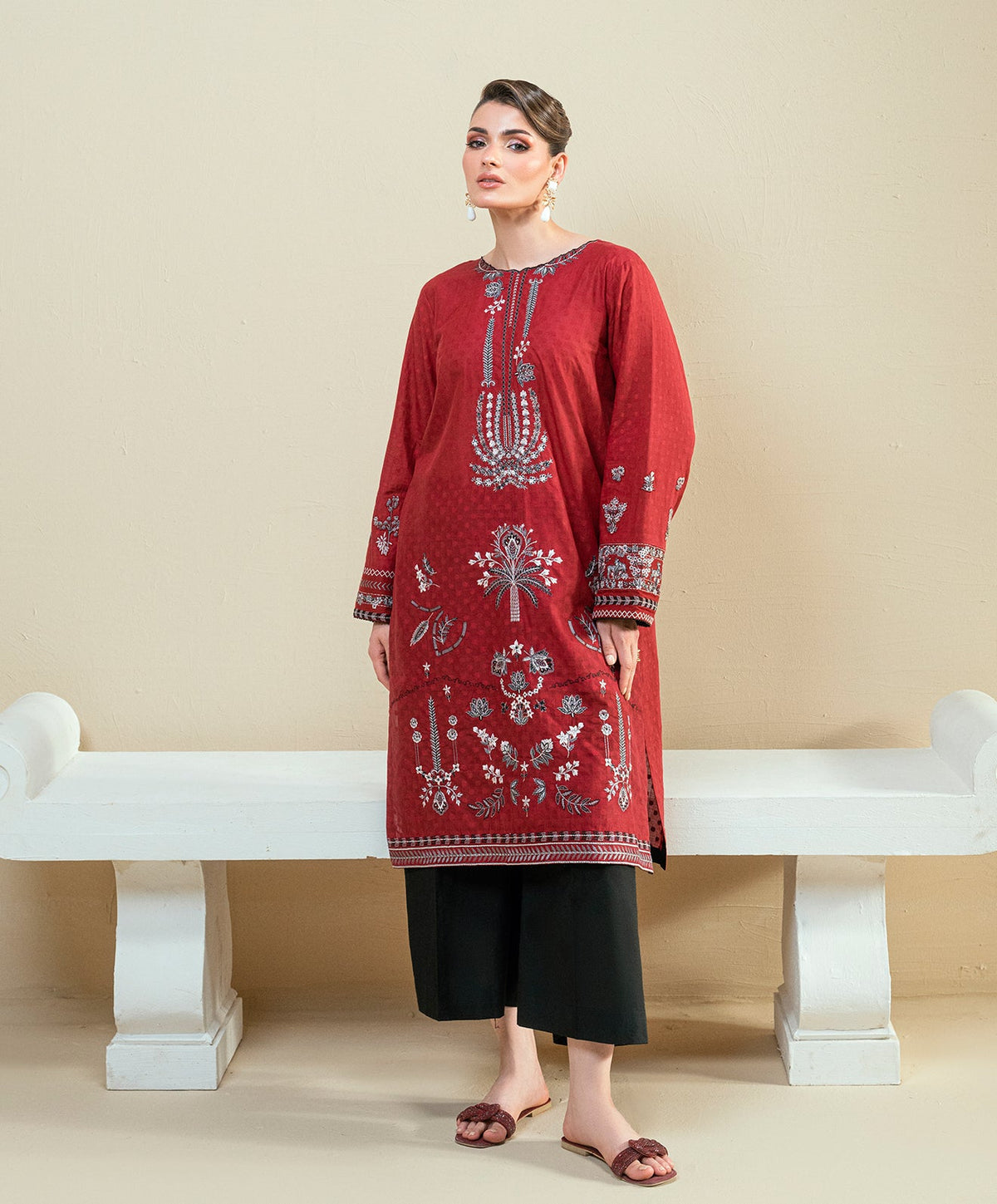 KEP-04 RED-COTTON BROCHE STITCHED 2PC