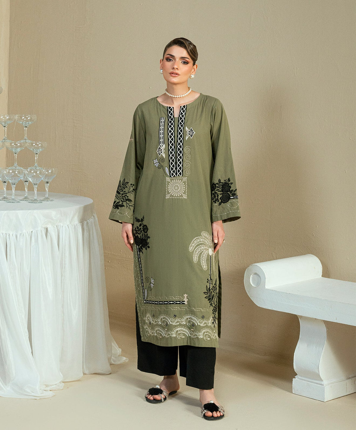 KEP-03 OLIVE-COTTON DOBBY STITCHED 2PC