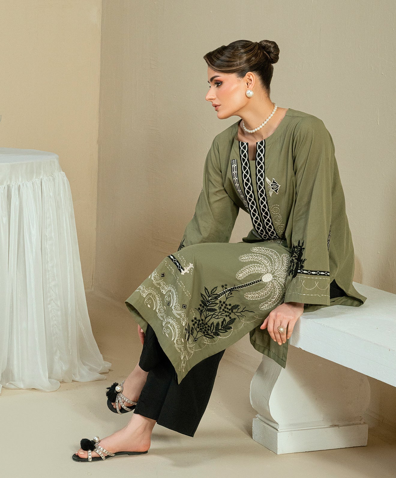 KEP-03 OLIVE-COTTON DOBBY STITCHED 2PC