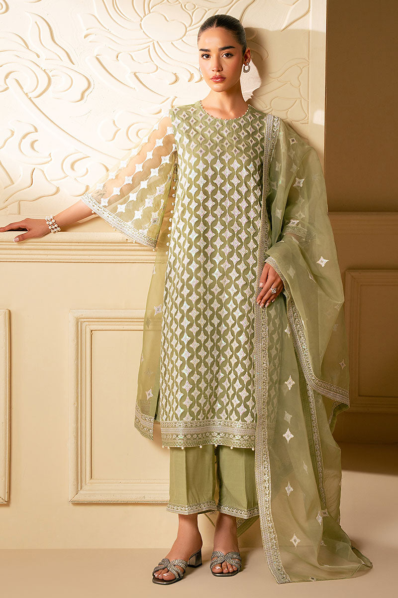 MINTED SAGE-4 PIECE EMBROIDERED ORGANZA SUIT