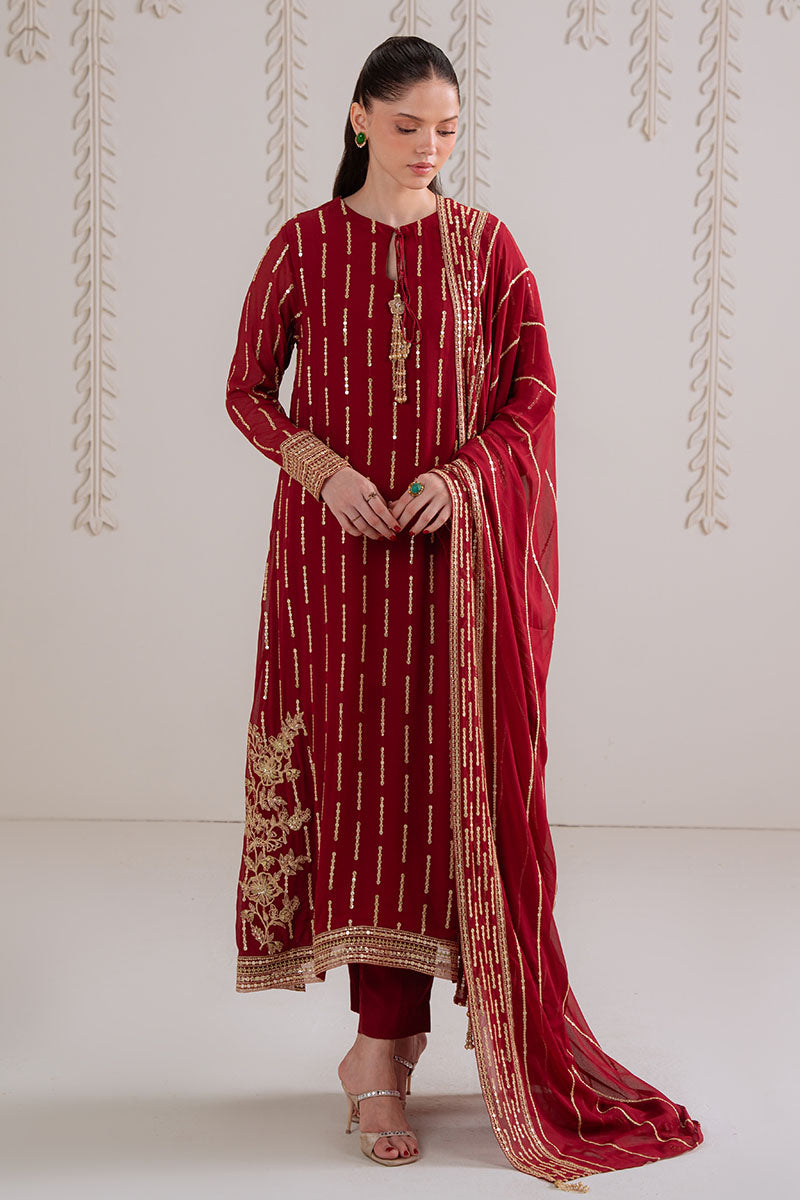 VERMILION BERRY-4PC CHIFFON EMBROIDERED SUIT