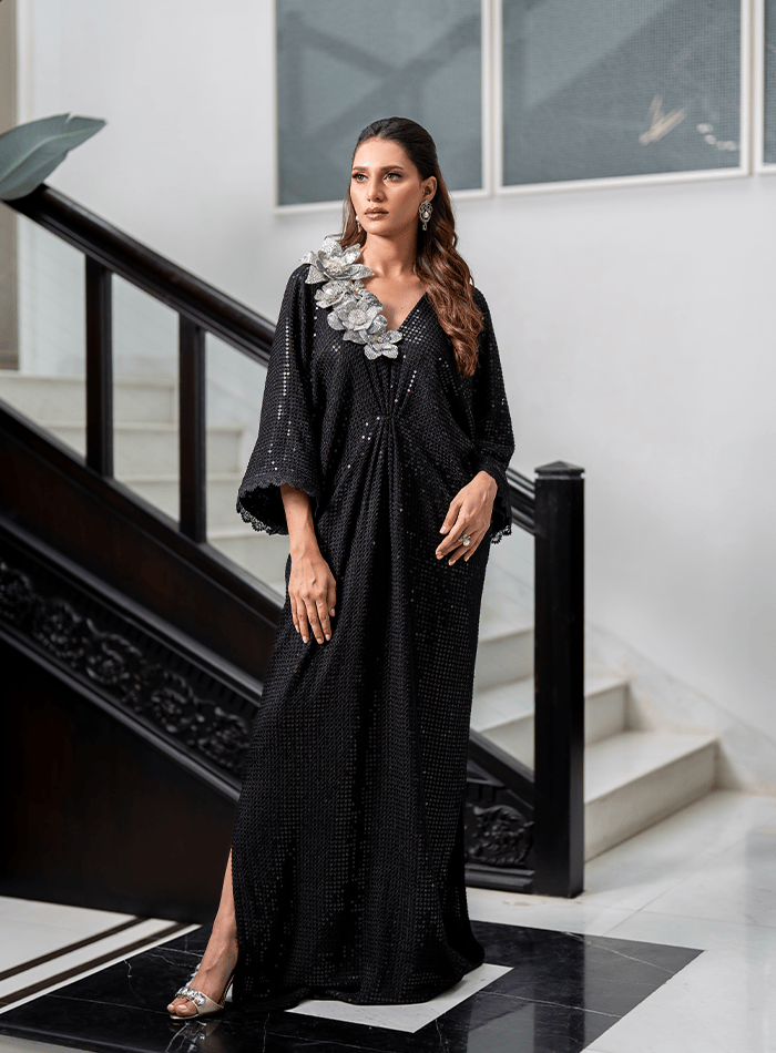 Black Sequined Kaftan with Crystal Encrusted Flowers